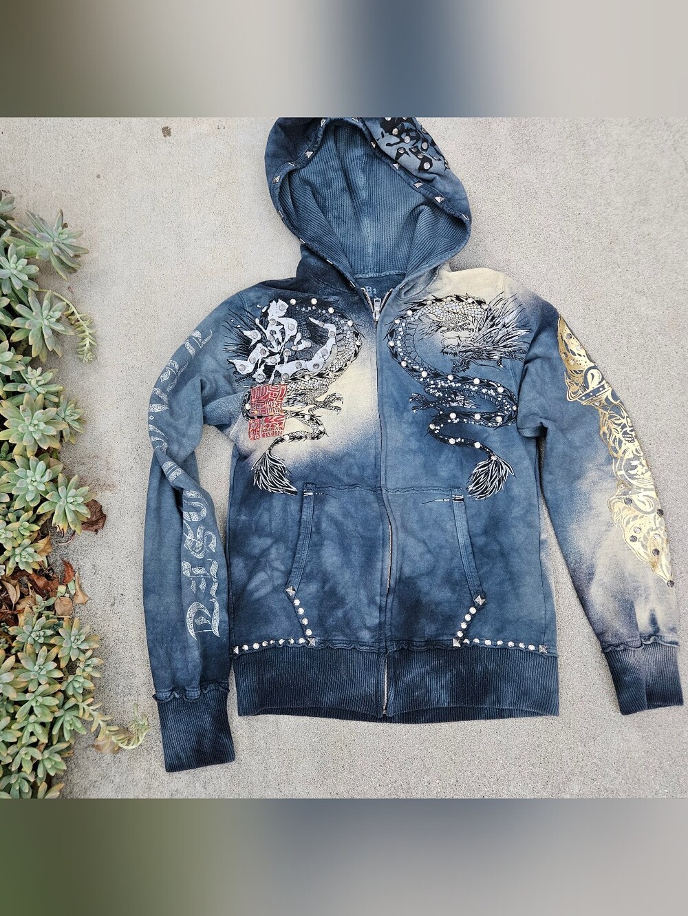 RARE KEY CLOSET DRAGON BULL LION EMBELLISHED ZIP UP HOODIE Y2K BLING MED EUC